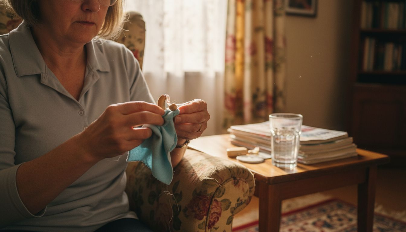 Woman gently wiping hearing aid with cloth