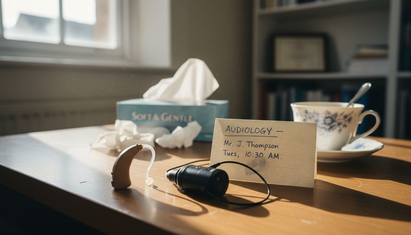 Hearing devices on audiology office table