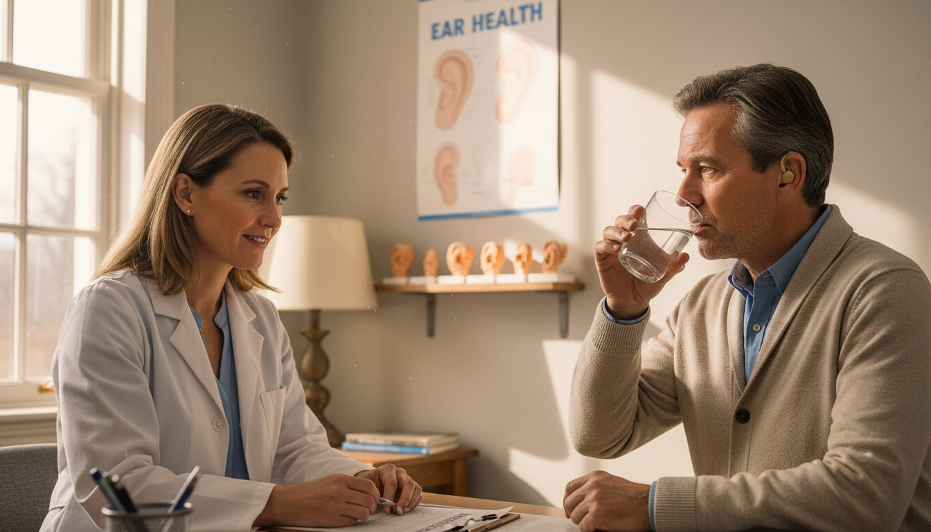 Audiologist consulting patient with hearing chart