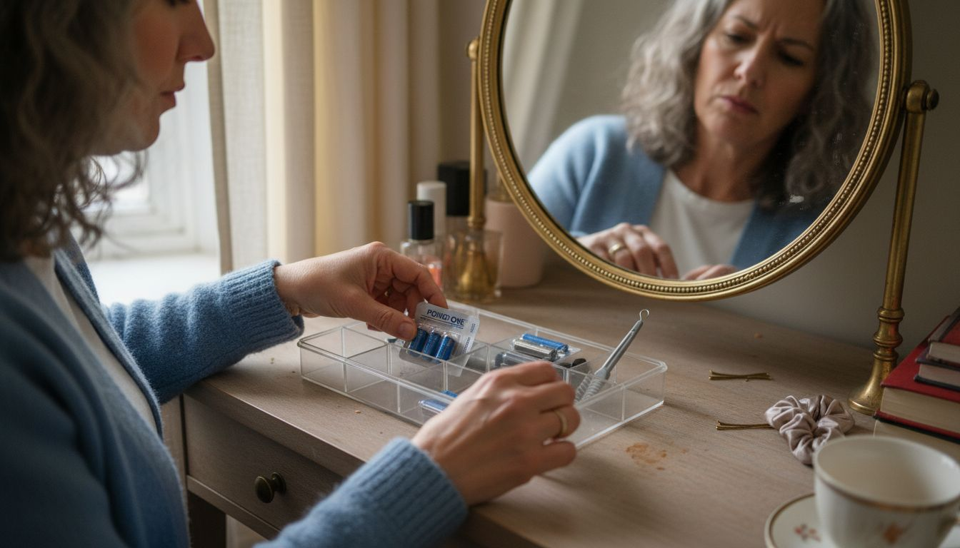 Woman preparing hearing aid accessories at dressing table