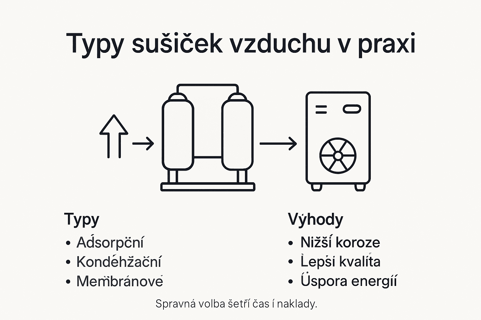 Přehledné schéma: druhy sušiček vzduchu a jejich hlavní přednosti