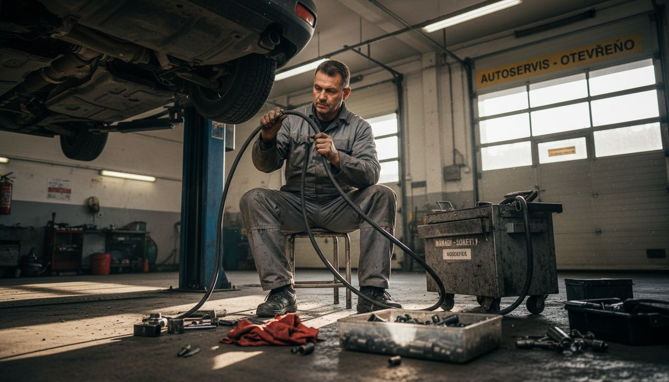 Pracovník v garáži kontroluje pryžovou hadici.