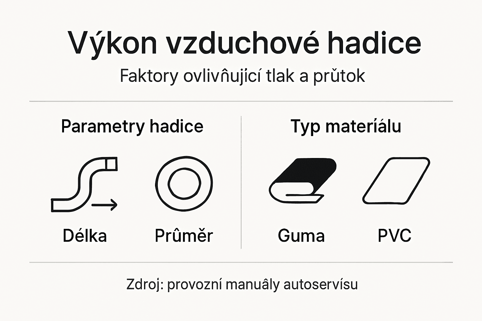Přehledná infografika s klíčovými faktory ovlivňujícími výkon hadic