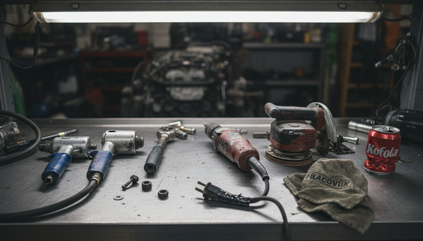 Vedle sebe položené pneumatické a elektrické nářadí, na kterém je patrné opotřebení