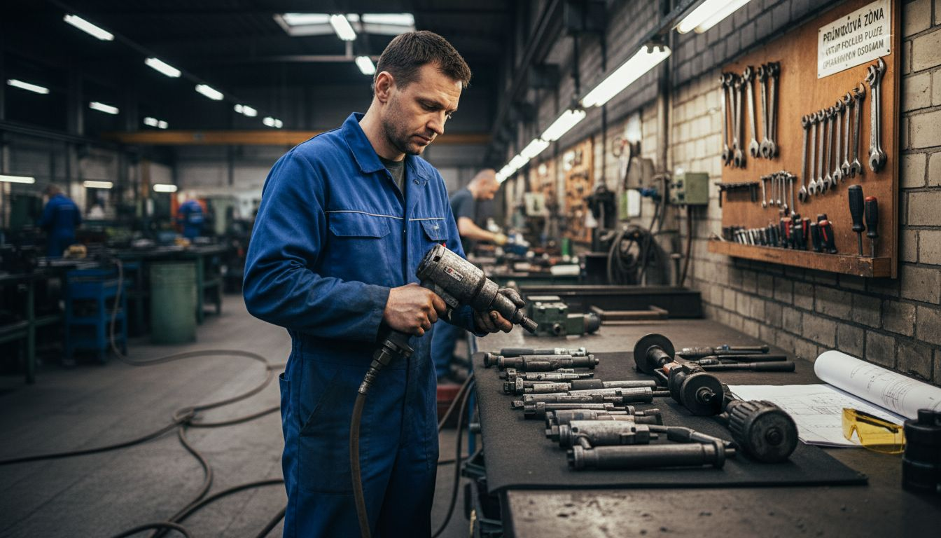 Technik kontroluje pneumatické nářadí v dílně.