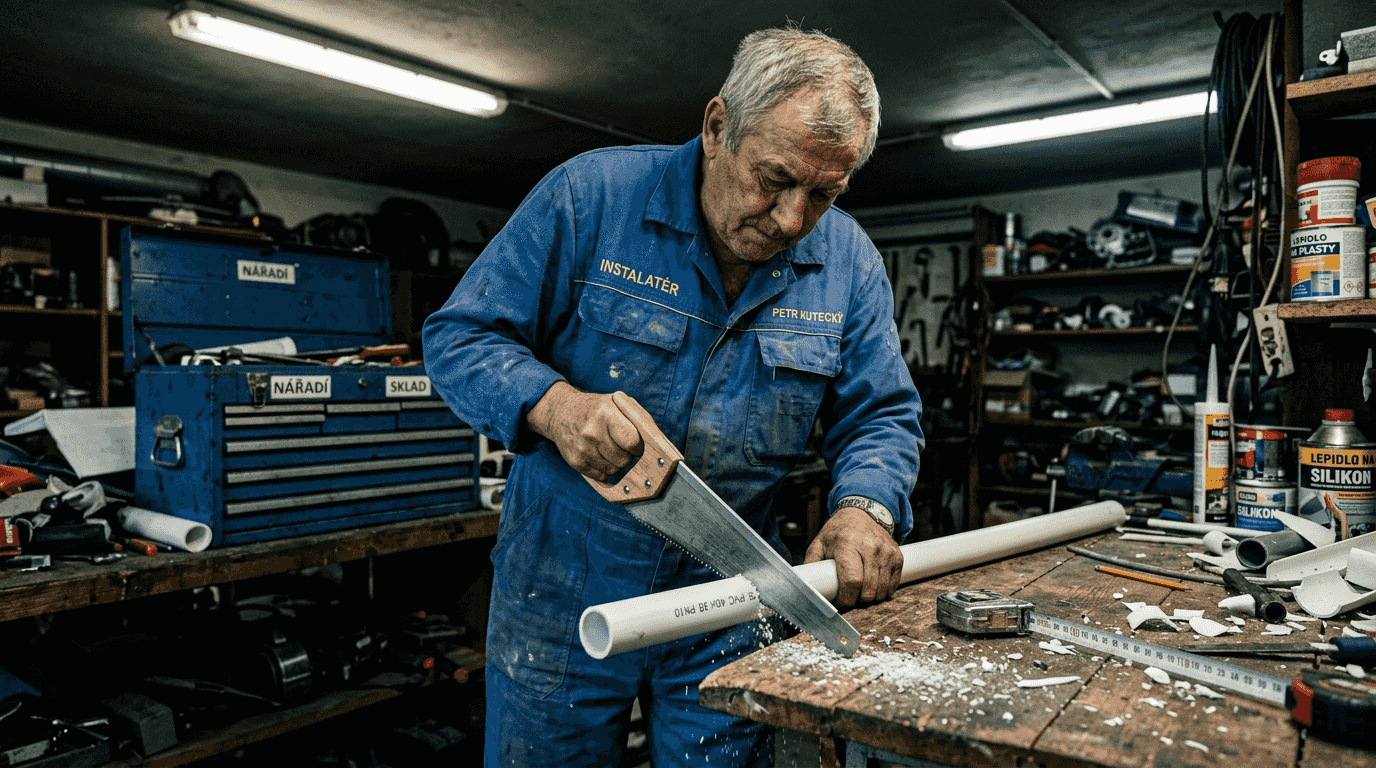 Instalatér řeže plastovou trubku na pracovním stole.
