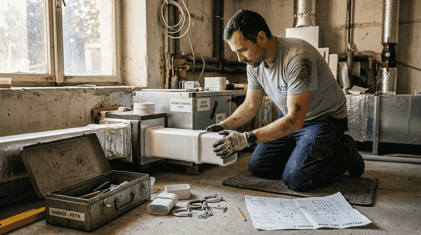 Odborník montuje vzduchotechnické potrubí v technické místnosti.