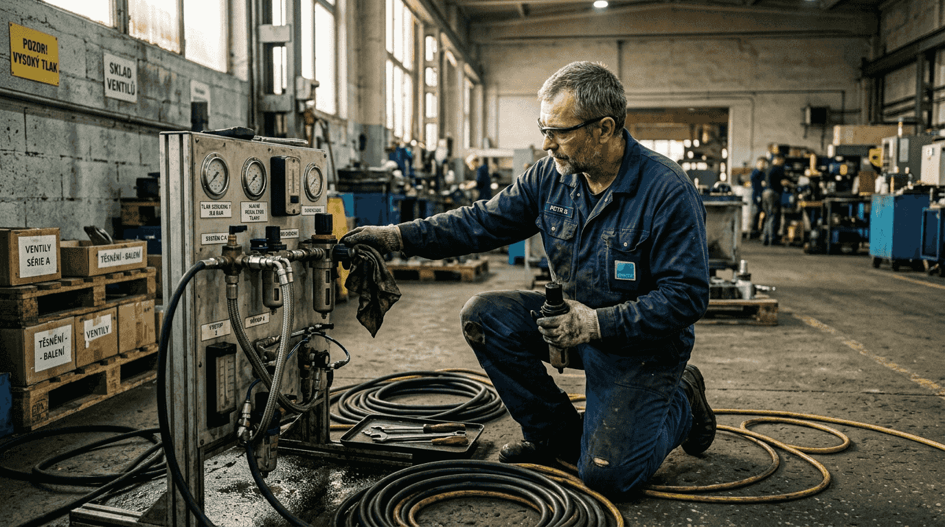 Technik právě nastavuje pneumatické řízení ve výrobním provozu.