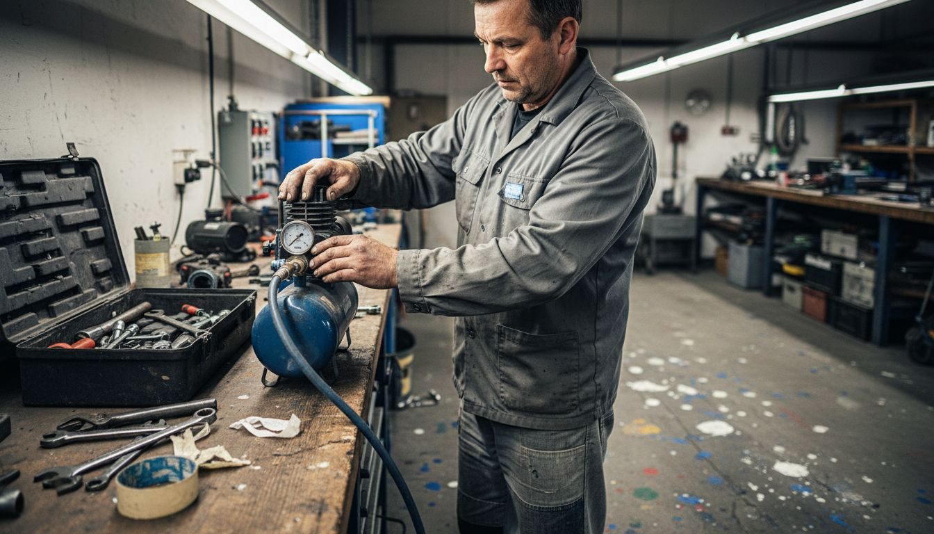 Mistr ve výrobě kontroluje a nastavuje tlak vzduchu v dílně.