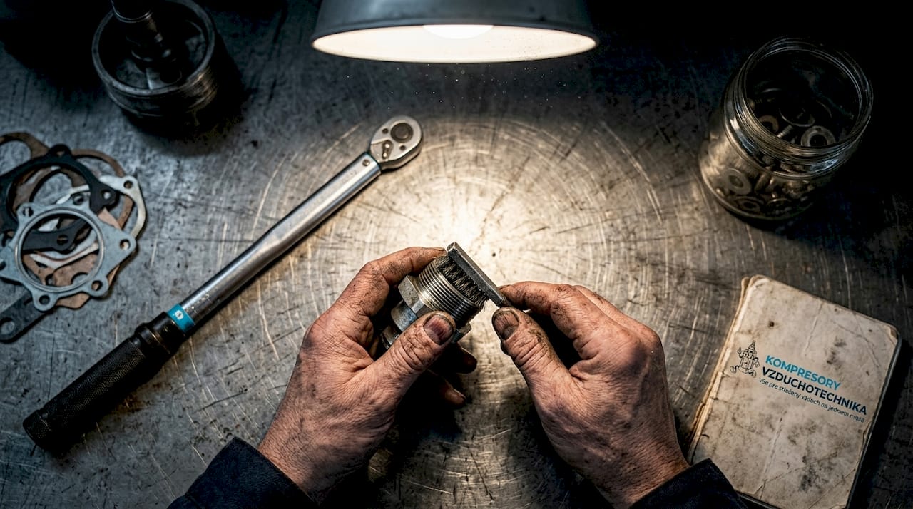 Detailní pohled na mechanika při čištění závitů kompresoru