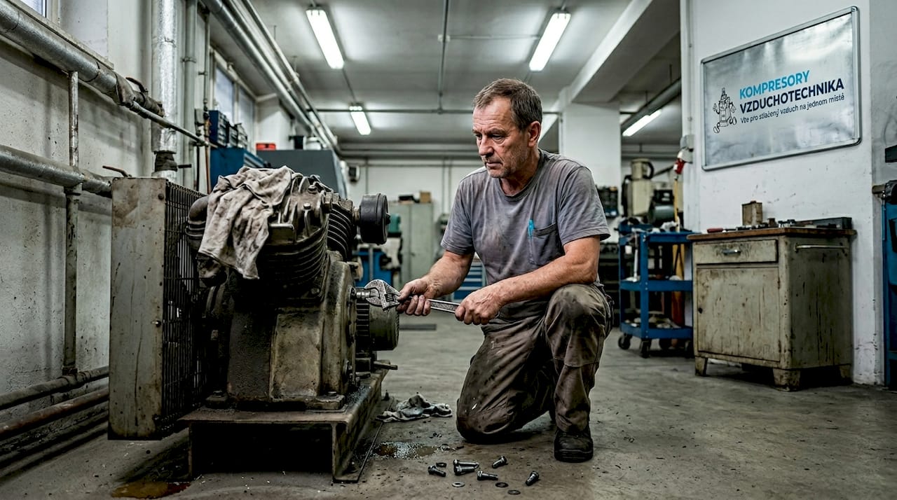 Servisní technik provádí opravu vzduchového kompresoru v dílně.