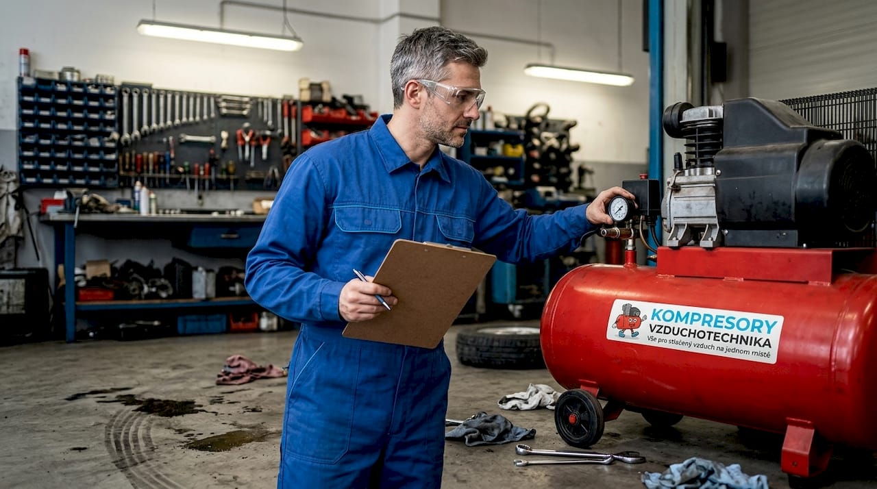 Technik provádí kontrolu vzduchového kompresoru v dílně.