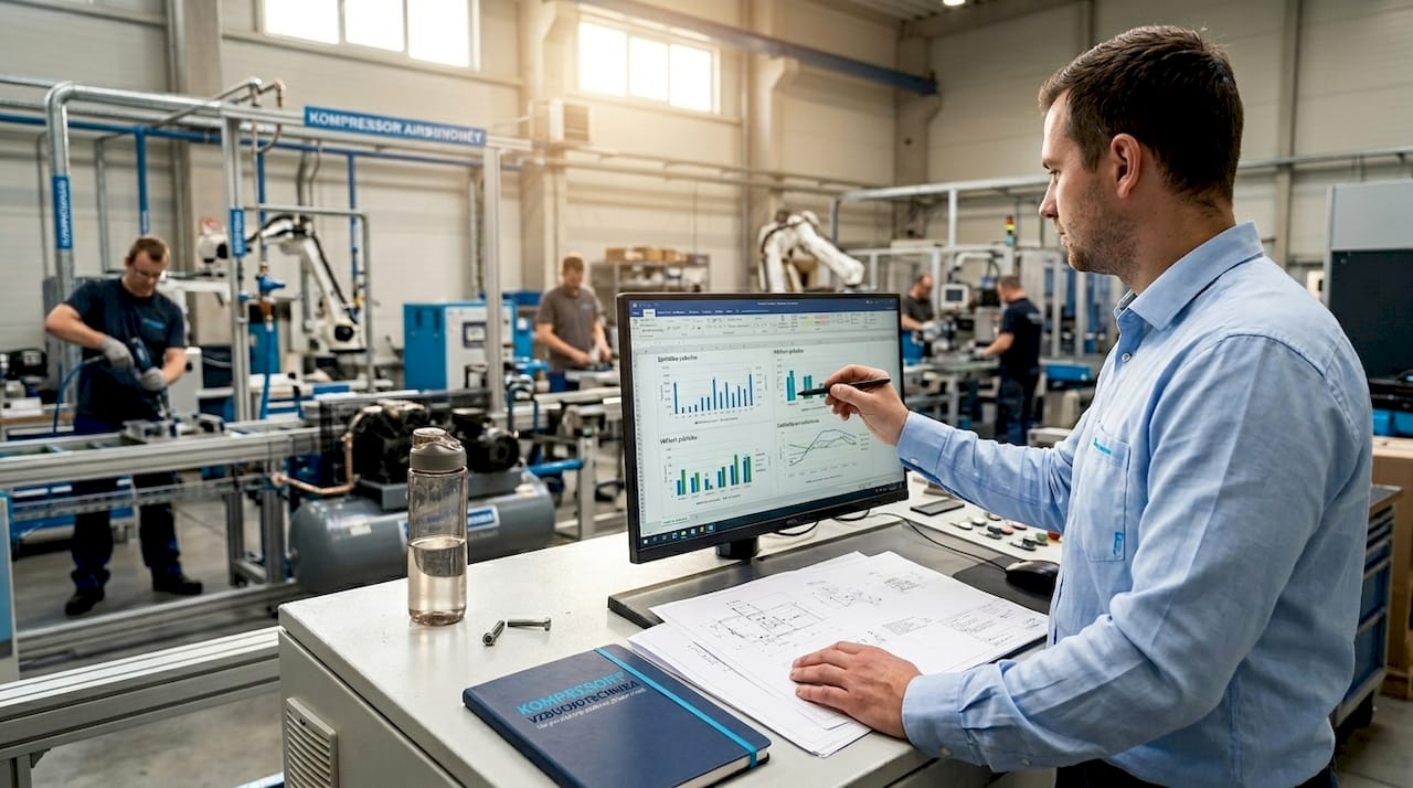 Vedoucí výroby sleduje, jak se na hale využívá stlačený vzduch