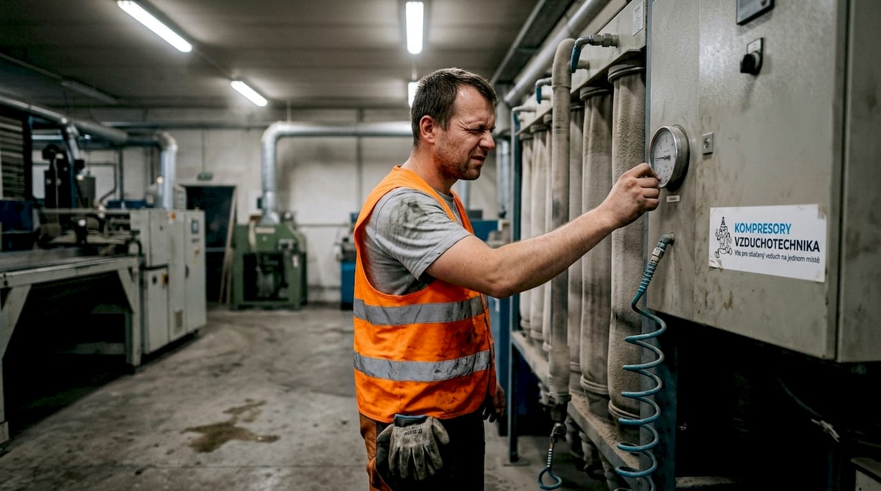 Pracovník kontroluje tlak na manometru filtračního vaku.