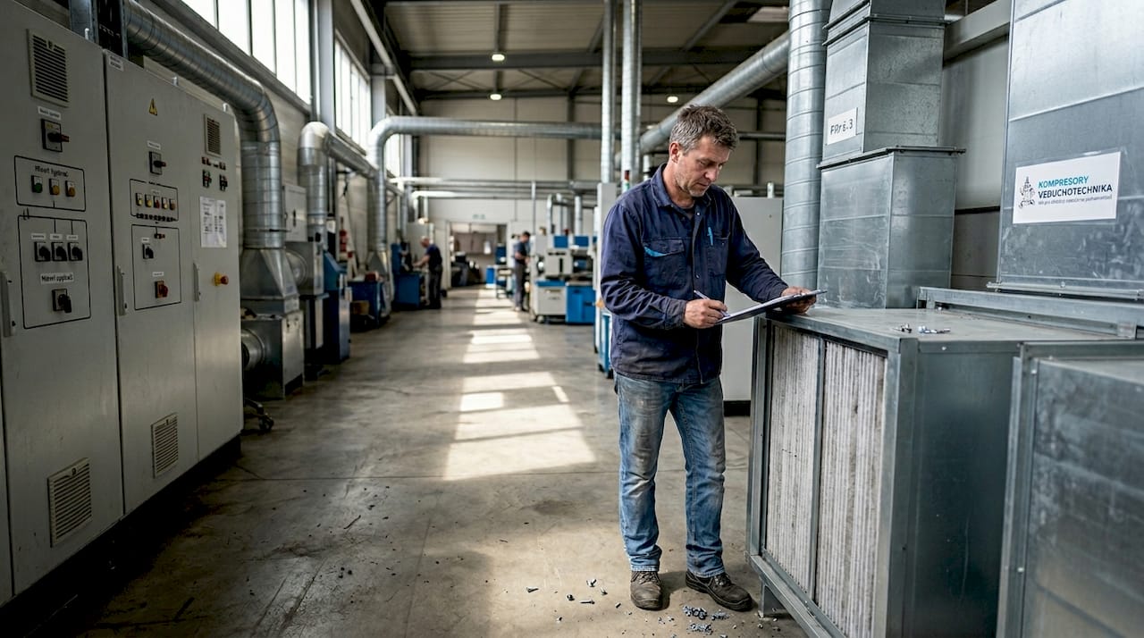 Technik provádí kontrolu průmyslového filtračního zařízení na čištění vzduchu.