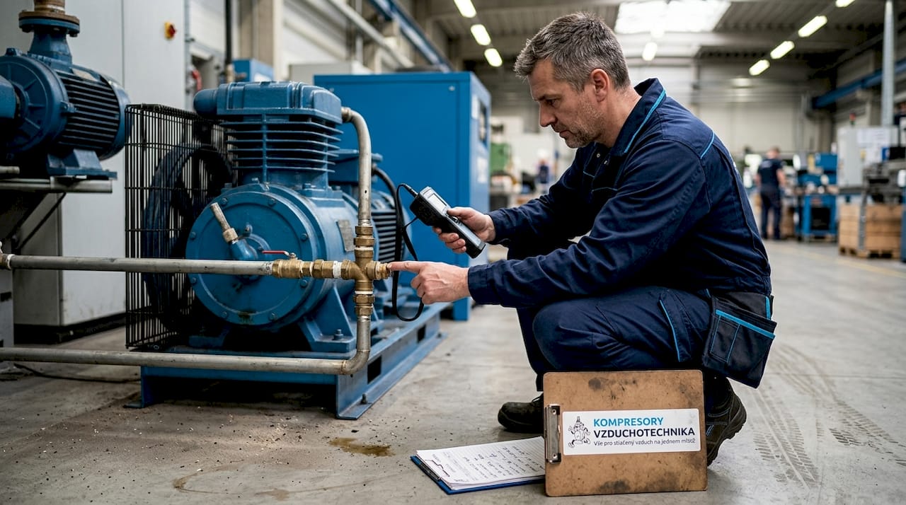 Technik kontroluje kompresor, jestli někde neuniká vzduch.