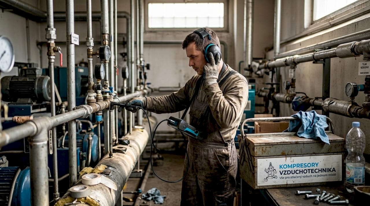 Technik kontroluje potrubí pomocí ultrazvukového detektoru, aby odhalil případné úniky.