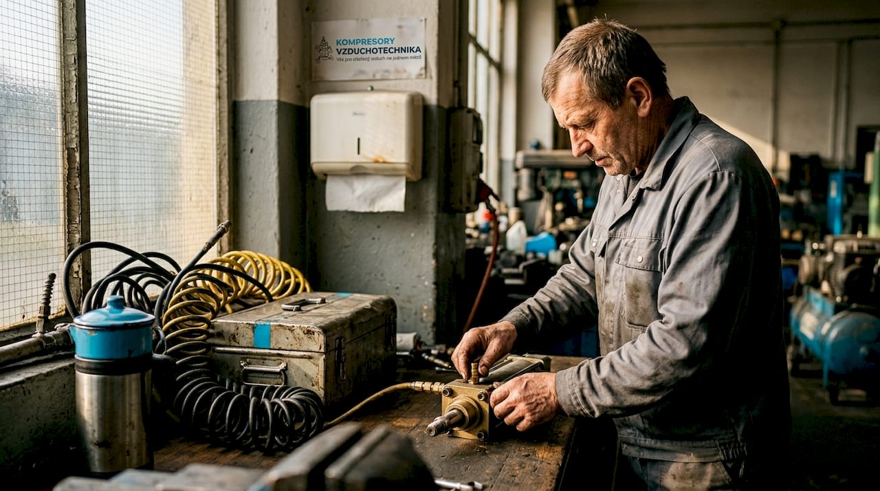 Pracovník kontroluje pneumatický válec, zda někde neuniká vzduch.