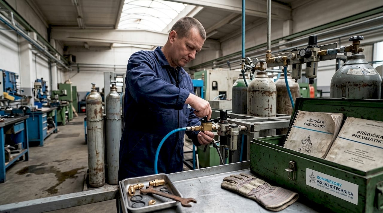 Technik obsluhuje pneumatický ventil ve výrobní hale.
