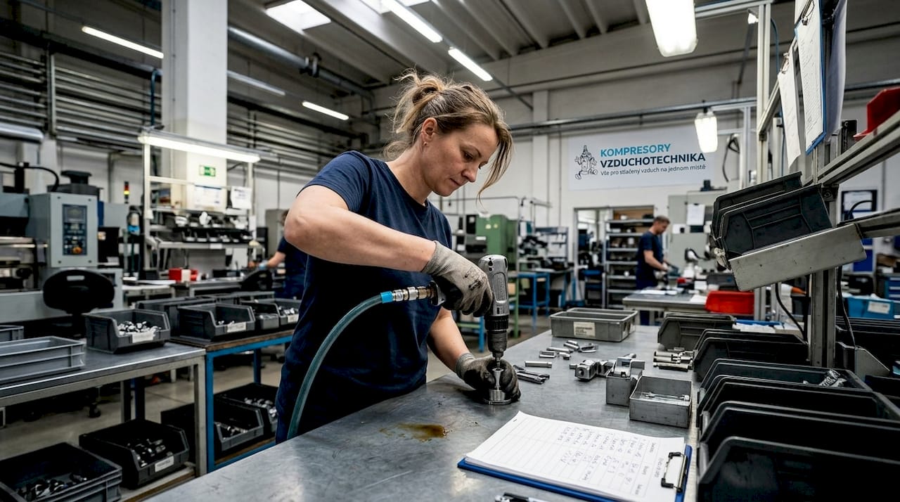 Dělník pracuje s pneumatickou vrtačkou na výrobní hale.