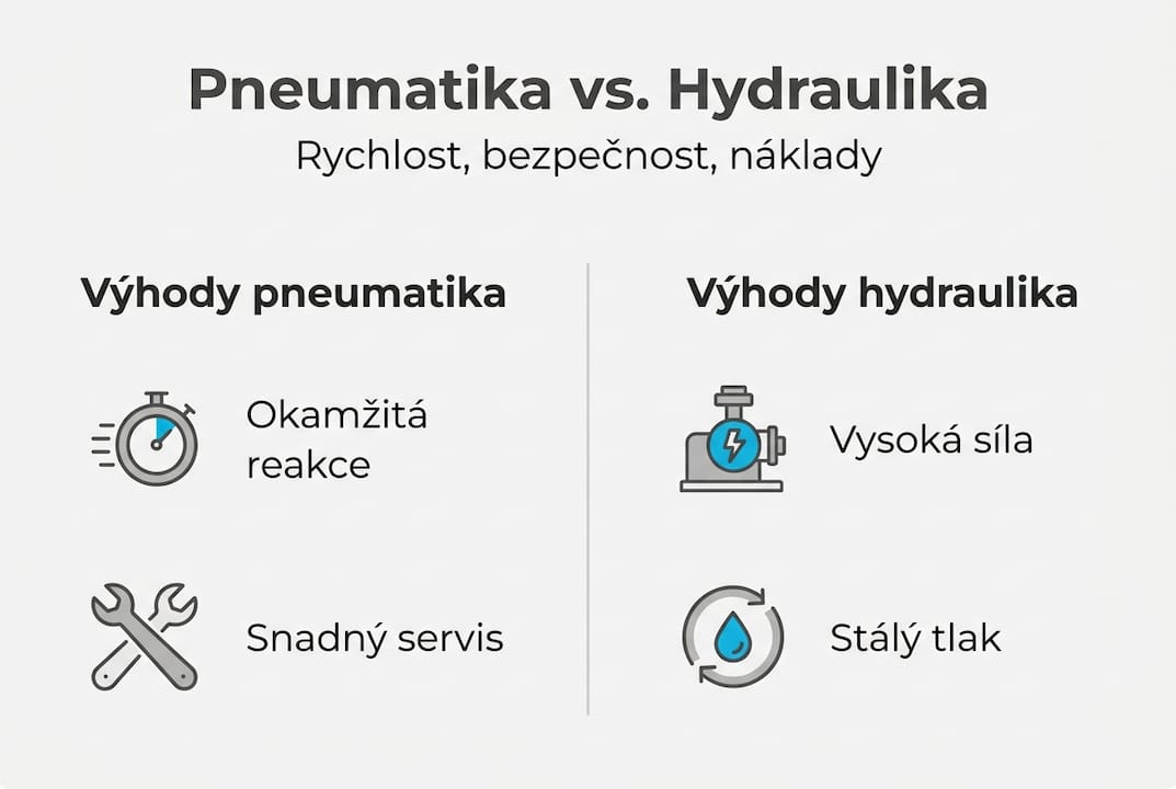 Přehledná infografika ukazuje rozdíly mezi pneumatickými a hydraulickými systémy