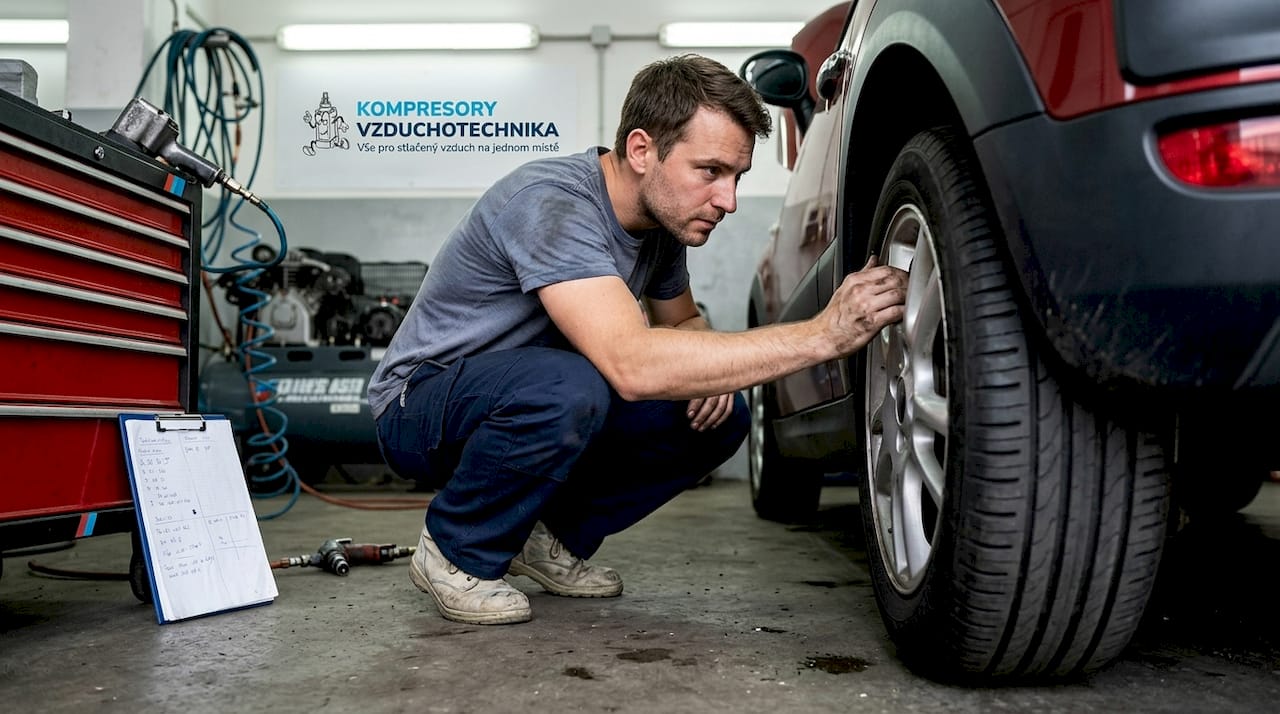 Servisní technik pečlivě kontroluje boční část pneumatiky v dílně.