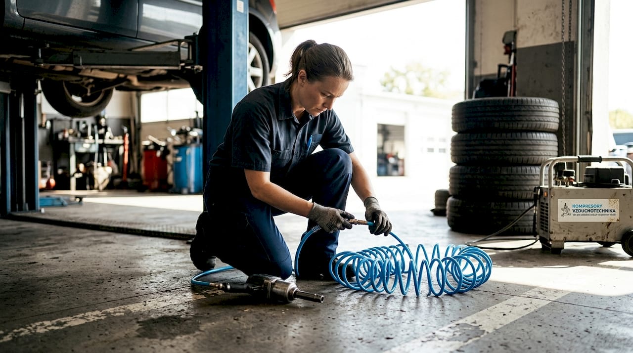 Technik kontroluje napojení pneumatické hadice