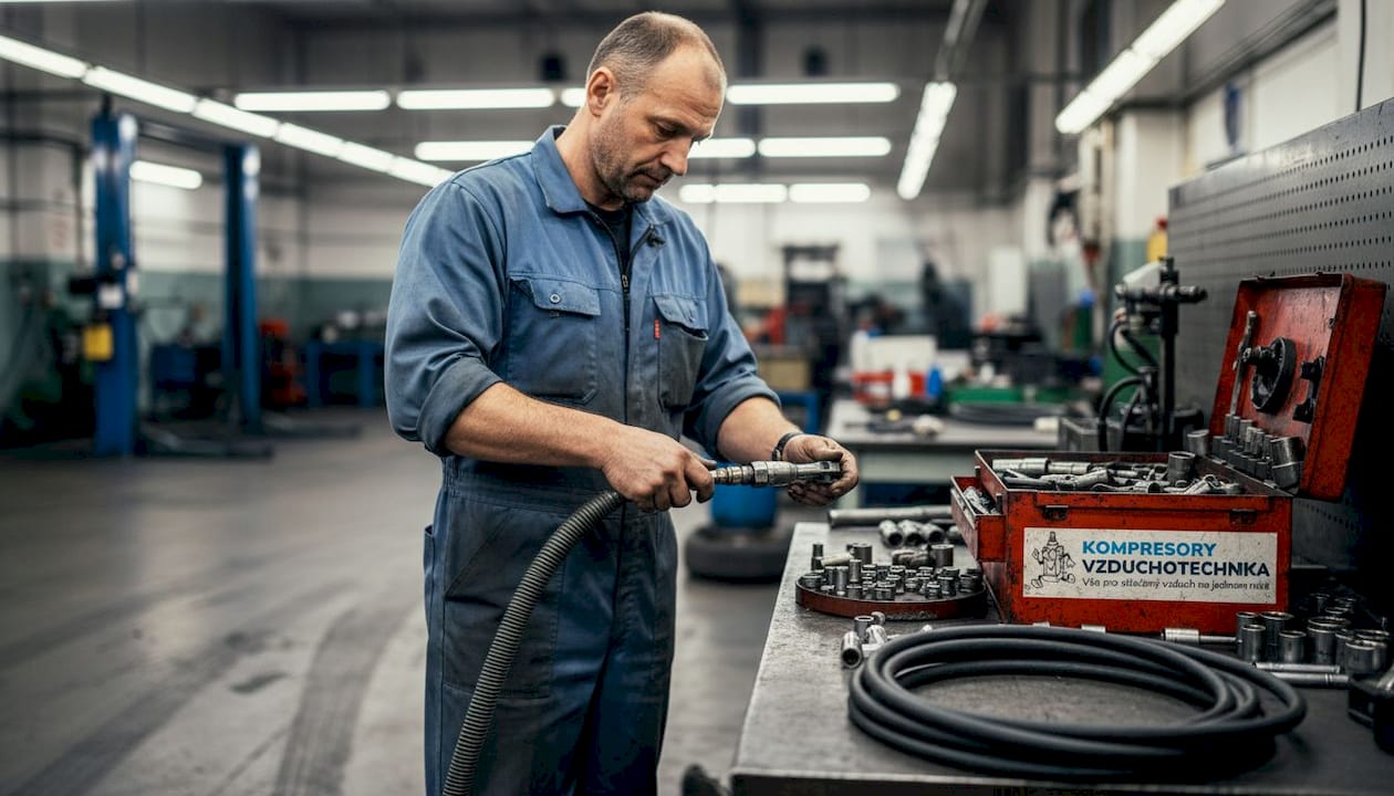 Mechanik připojuje pneumatickou hadici u pracovního stolu.