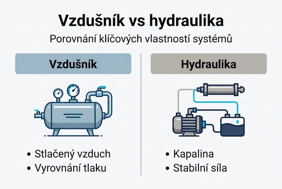 Přehledné srovnání systémů vzdušníku a hydrauliky v infografice