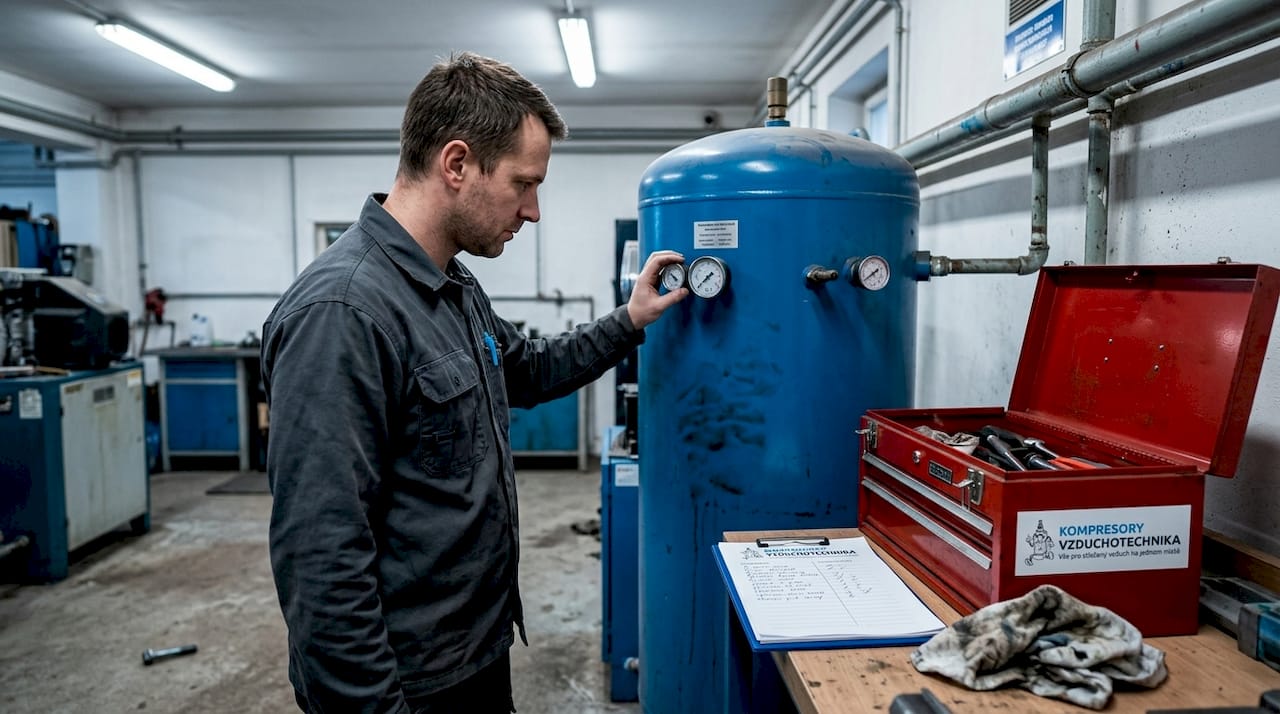 Servisní technik provádí kontrolu vzdušníku v dílně.