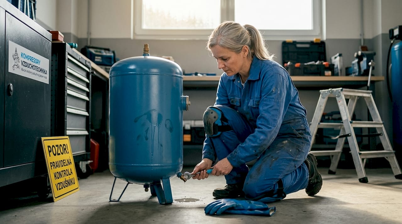 Pracovník vypouští kondenzát ze vzdušníku.