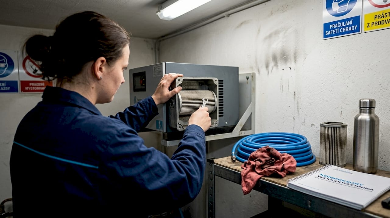Zaměstnanec provádí čištění vzduchového filtru u kompresoru.