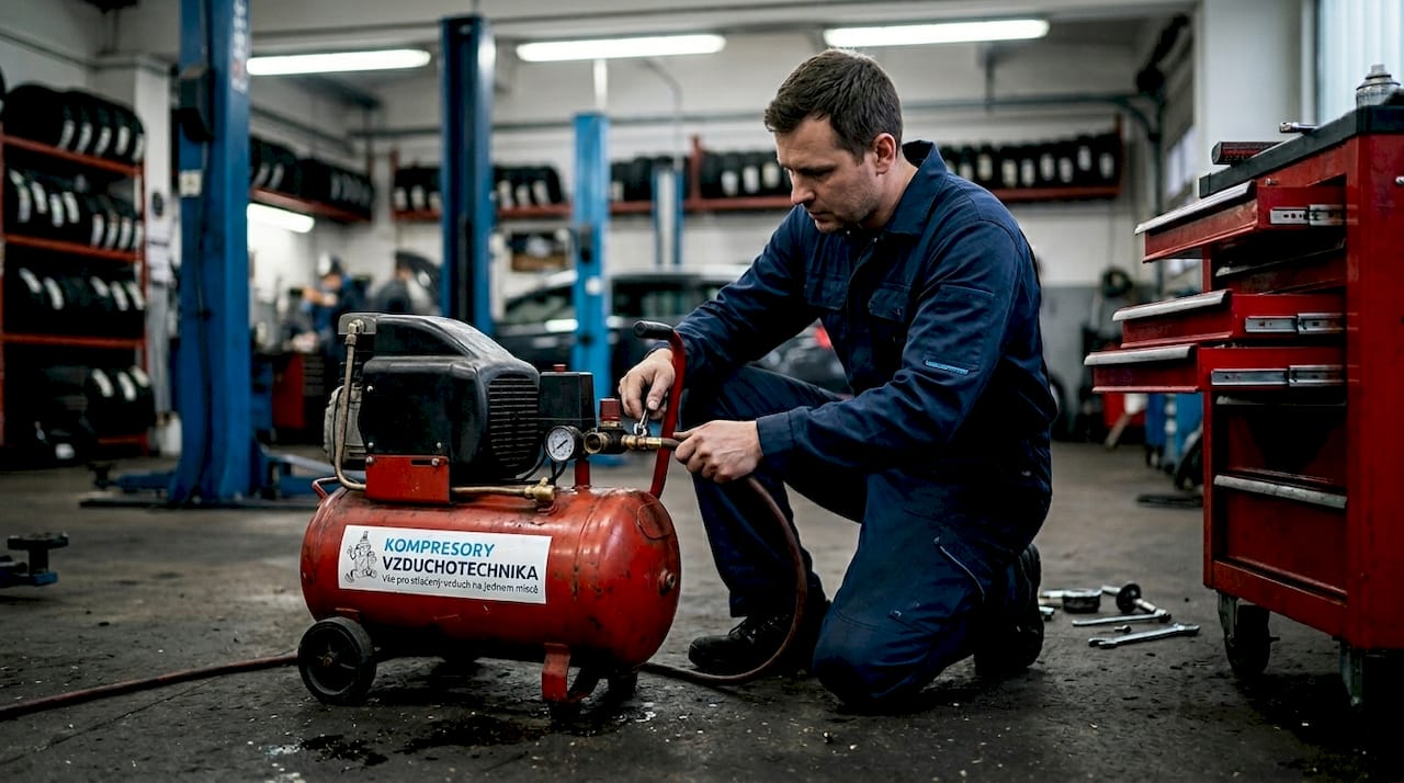 Servisní technik provádí kontrolu kompresoru v dílně.
