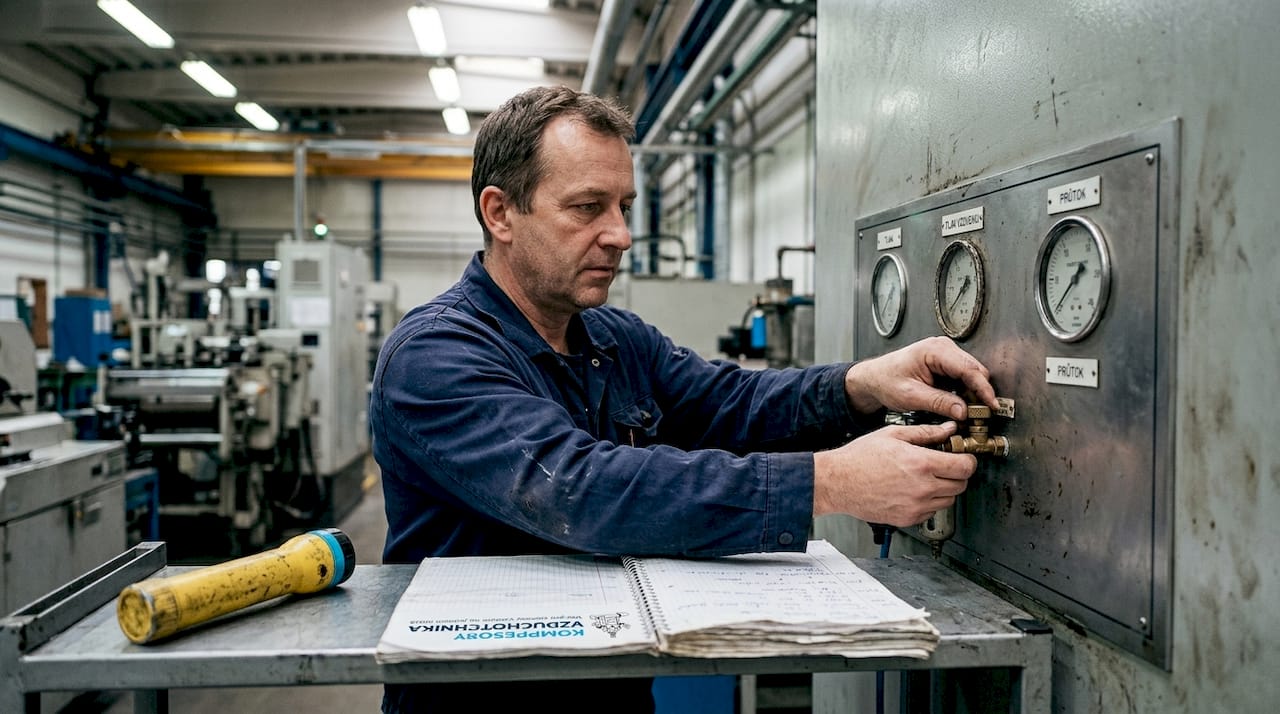 Inženýr nastavuje regulační ventil na ovládacím panelu.