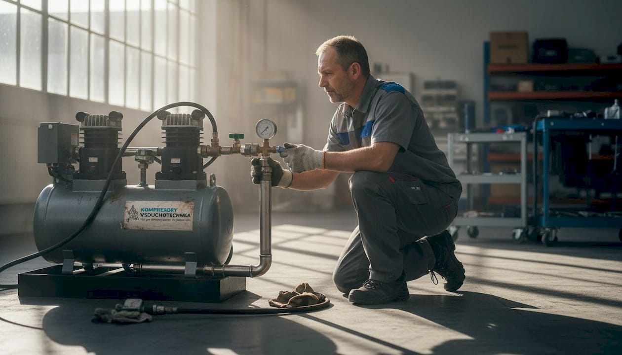 Technik kontroluje tlakový manometr v pneumatickém systému.