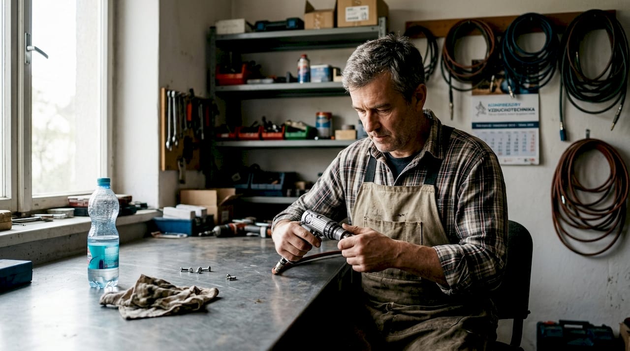 Technik provádějící kontrolu pneumatické vrtačky před zahájením práce