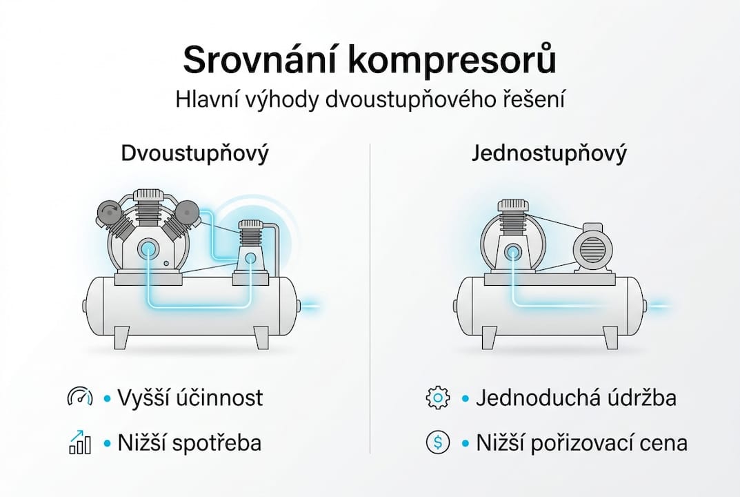 Přehledná infografika: porovnání dvoustupňových kompresorů