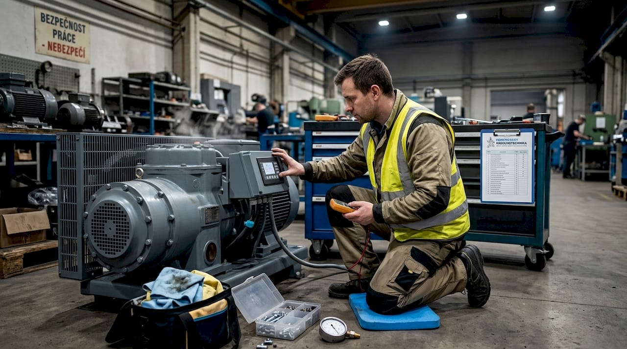 Technik dohlíží na provoz šroubového kompresoru
