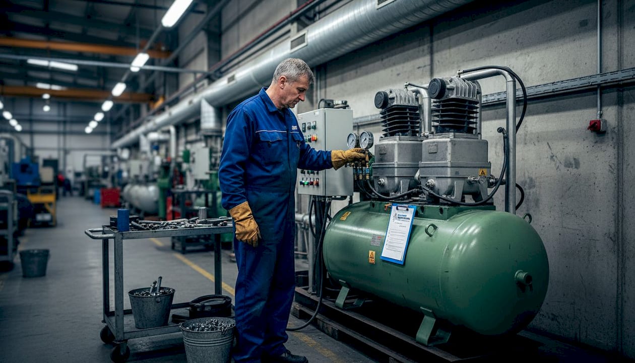 Servisní technik provádí údržbu dvoustupňového kompresoru.