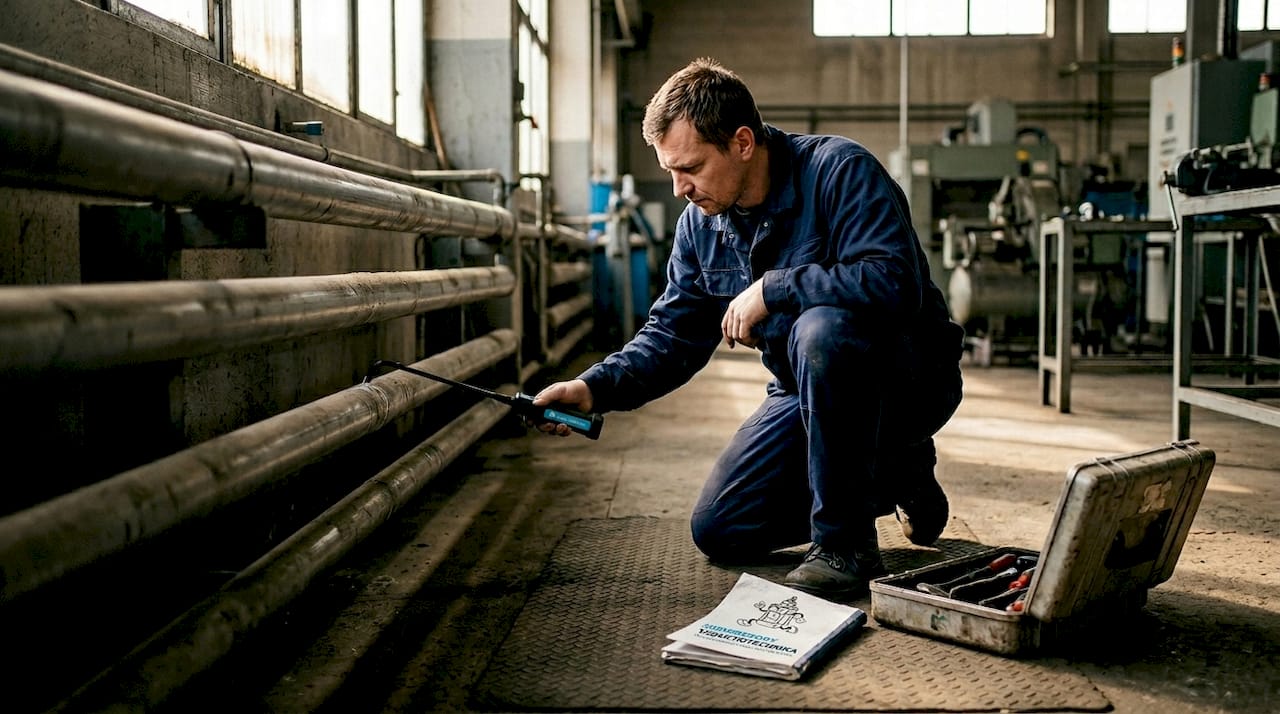 Technik provádí kontrolu vzduchového potrubí a hledá případné netěsnosti.