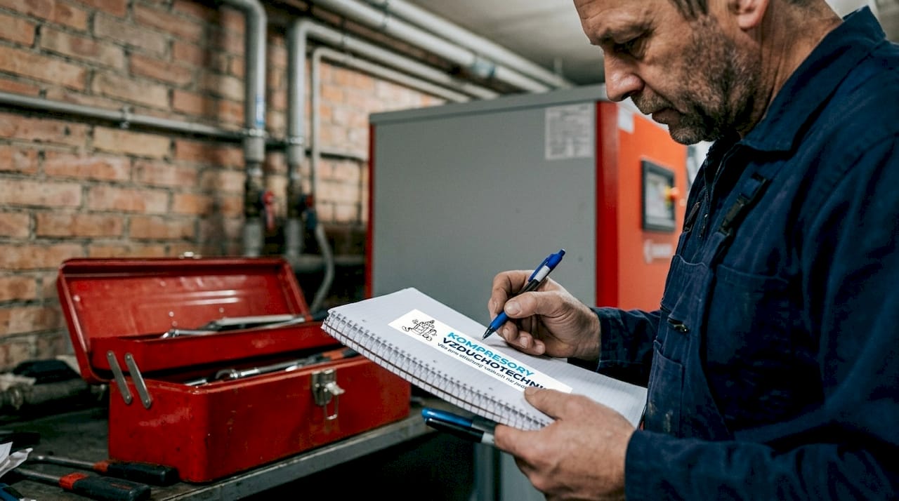 Inženýr kontroluje stav vzduchového kompresoru ve výrobní hale.