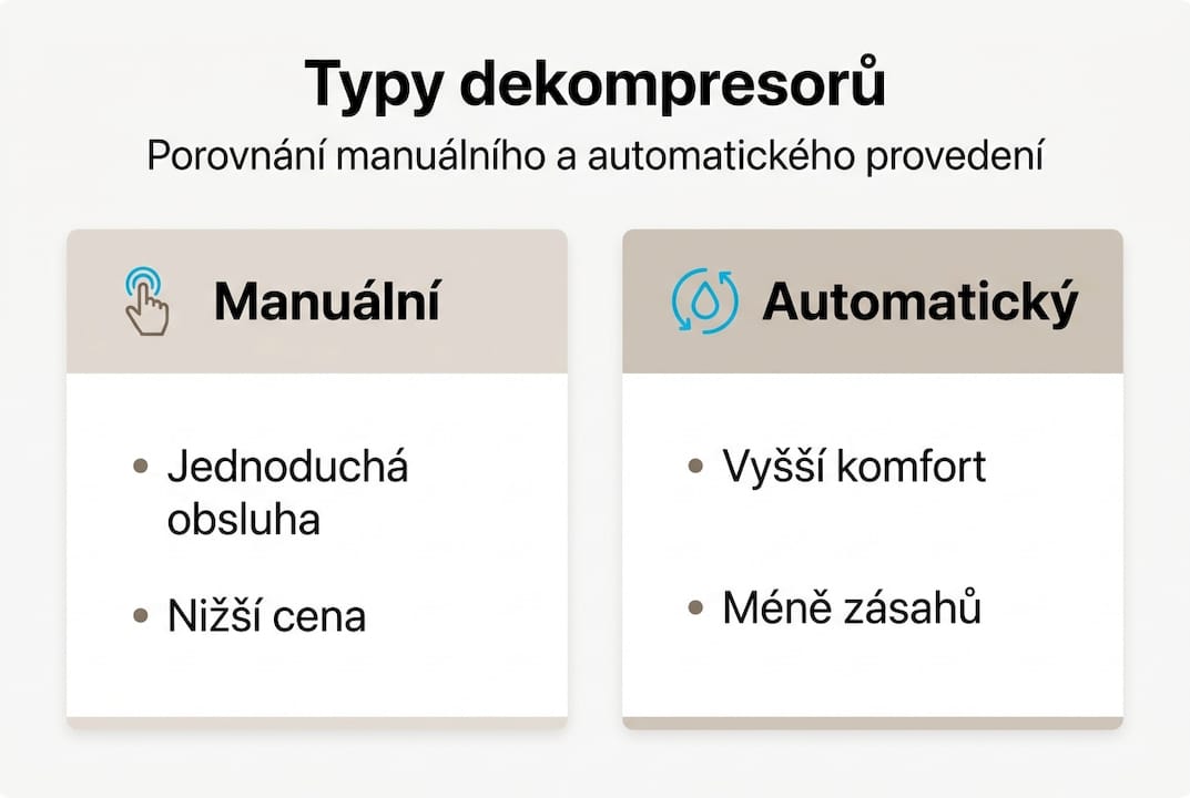 Přehledná infografika: ruční vs. automatický dekompresor – srovnání výhod a nevýhod