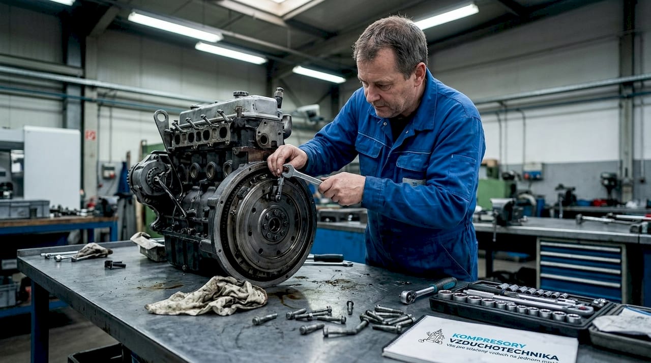 Mechanik seřizuje dekompresor na průmyslovém motoru.