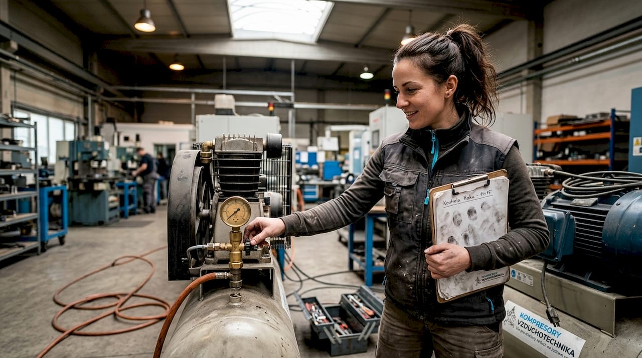 Technik provádí kontrolu pneumatického kompresoru ve výrobní hale.