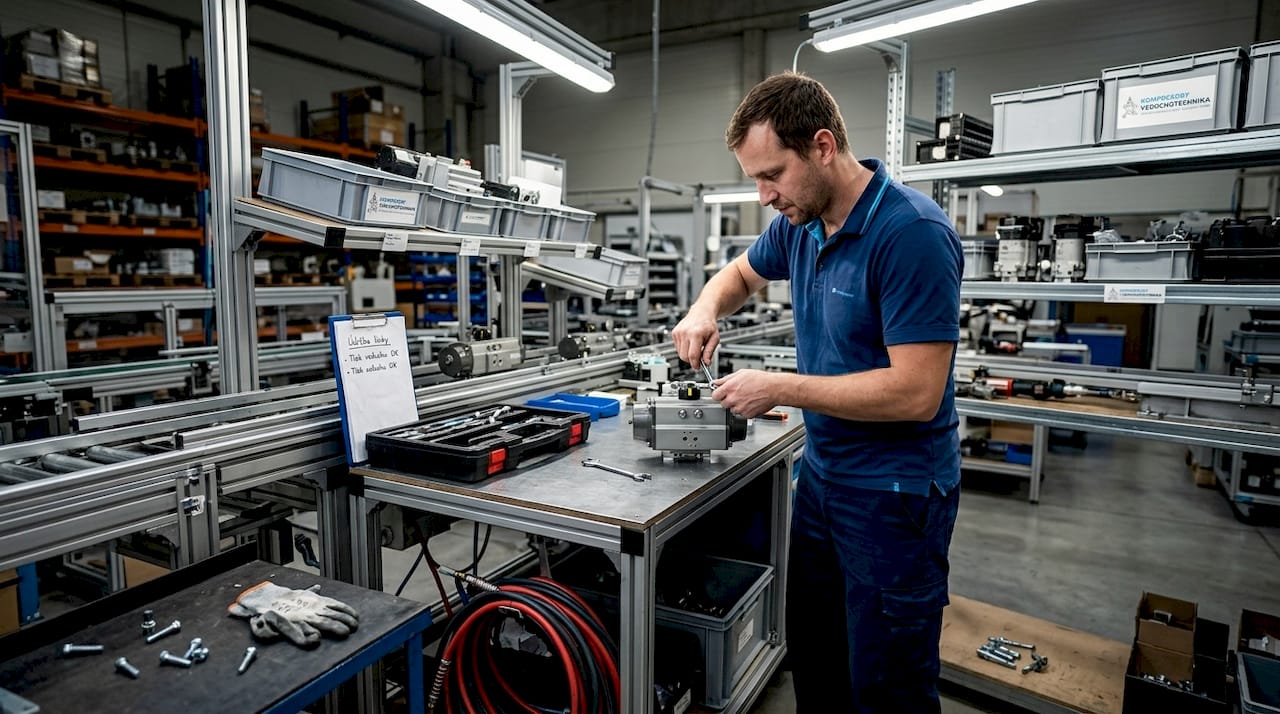 Technik právě seřizuje pneumatický pohon na montážní lince.