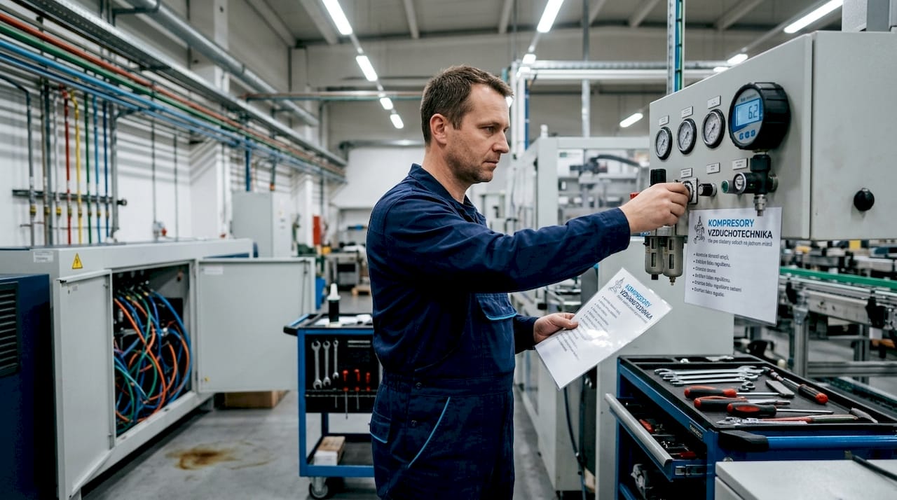 Inženýr provádí kontrolu pneumatického ovládacího panelu, aby ověřil jeho spolehlivost.
