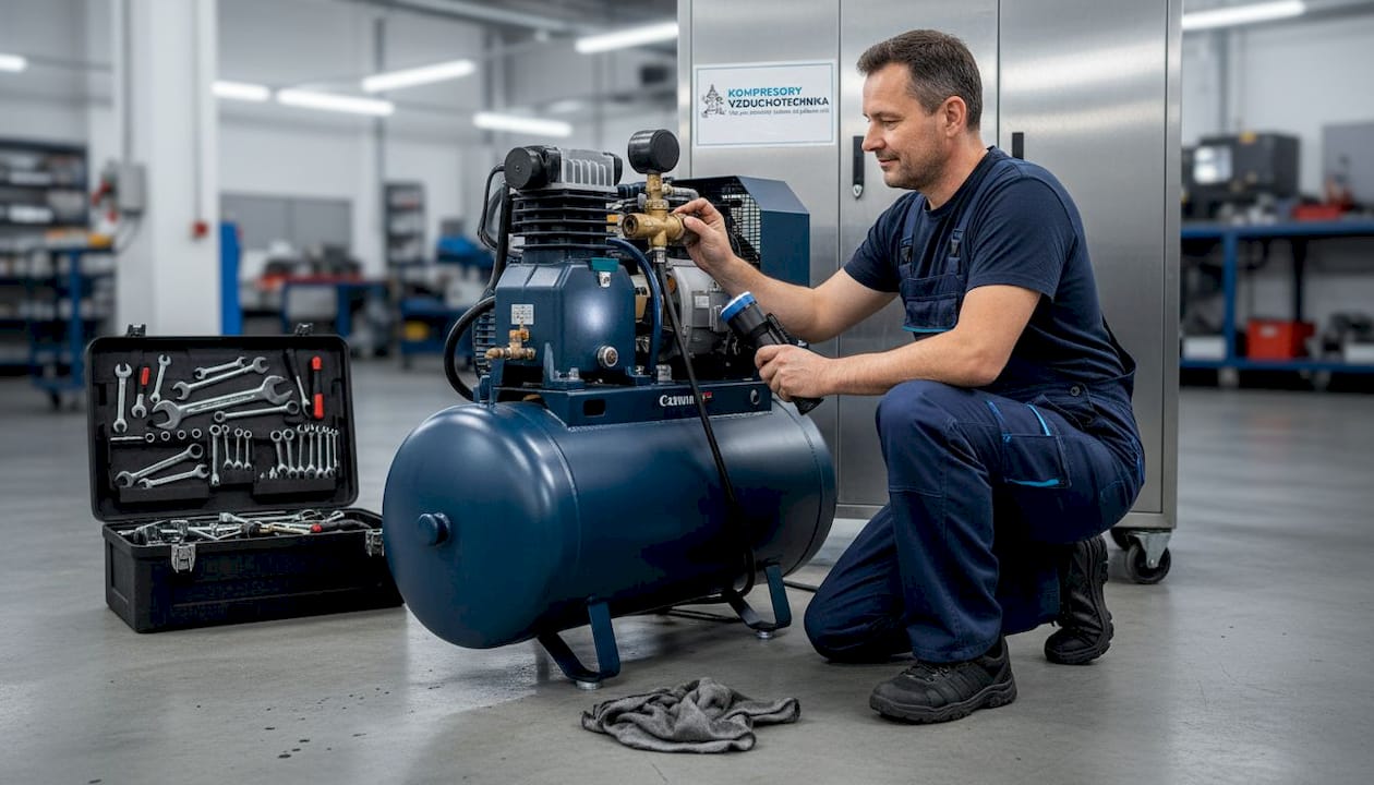 Technik provádí kontrolu bezpečnostního ventilu kompresoru v dílně.