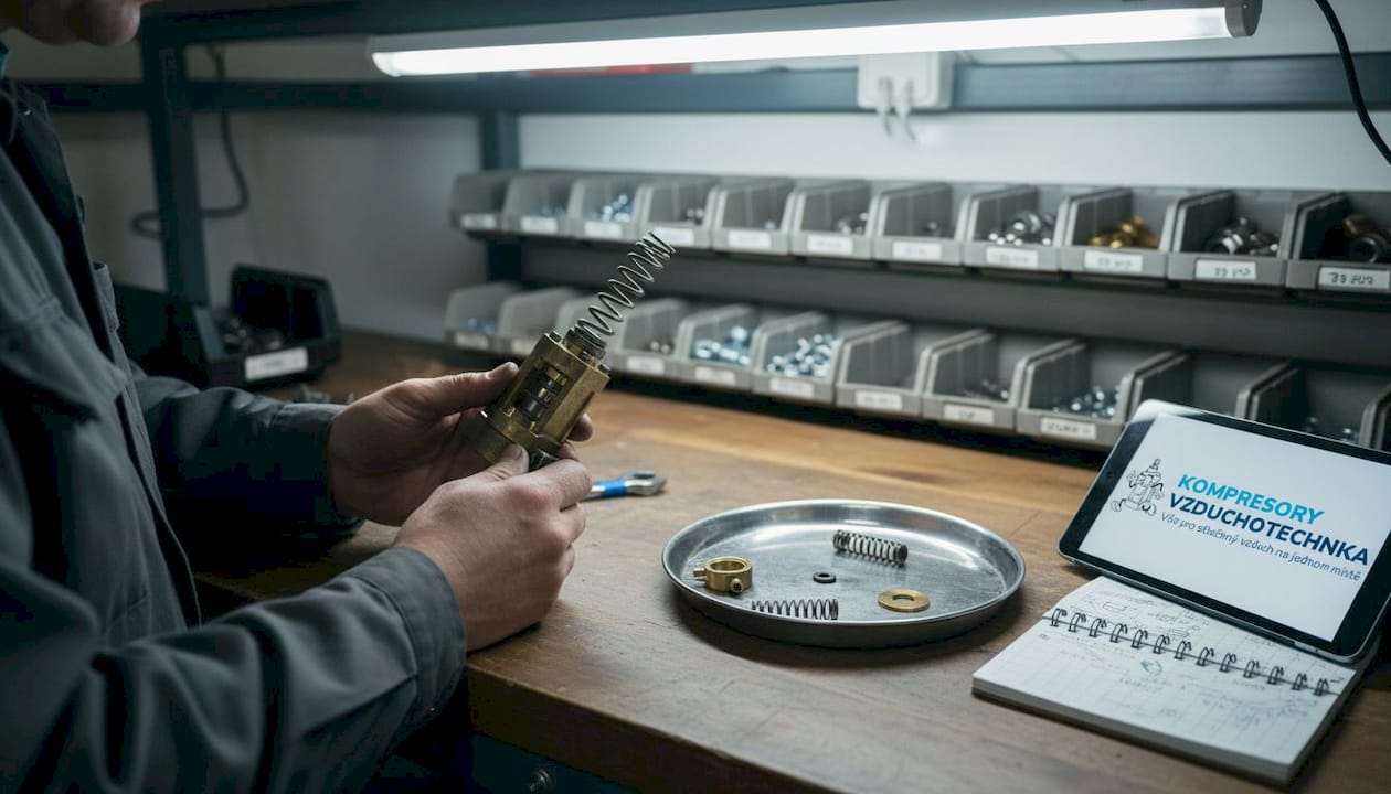 Ruce pečlivě prohlížejí otevřené části mosazného bezpečnostního ventilu.