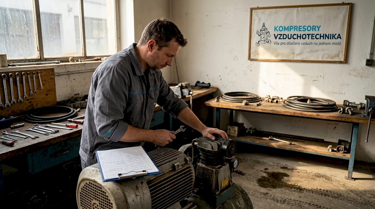 Servisní technik kontroluje elektrický kompresor v dílně.