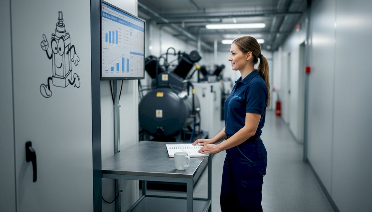 Pracovník sleduje ukazatel spotřeby energie u kompresoru.